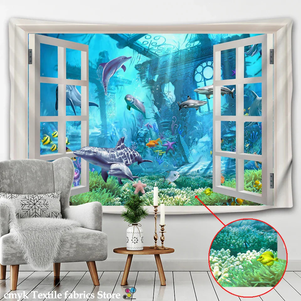 Decobites Shoal Of Fish Tapestry Wall Hanging: Underwater World Bohemian Hippie Home Decor