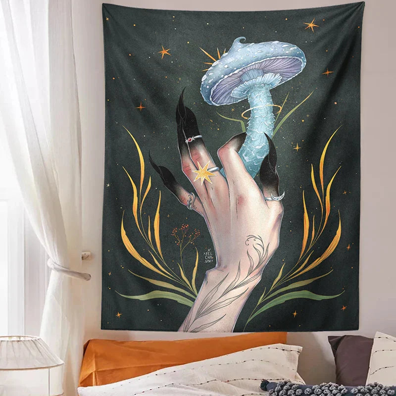 Decobites Mushroom Witch Mandrake Tapestry: Forest Magic Wall Hanging for Home Decor