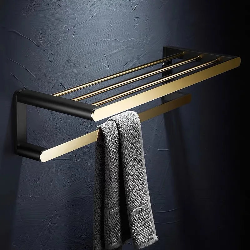 DecorBites™ Gold & Black Bathroom Set - Shelf, Towel Rack, Holder, Brush Holder & More