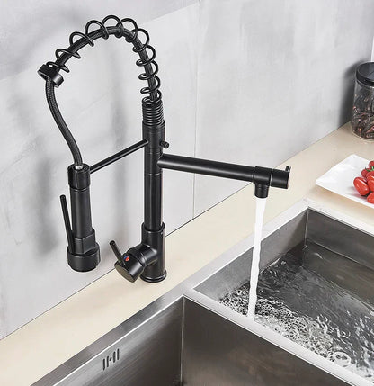Grifo de cocina DecorBites™ de latón negro con doble caño, rotación de 360°, montaje sobre encimera