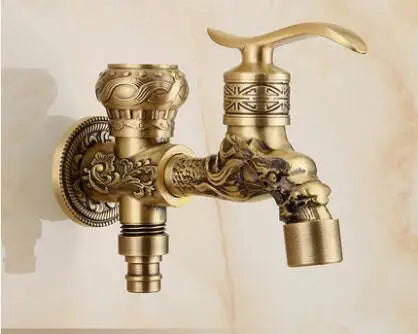 Grifos de jardín DecorBites™ de latón antiguo tallado con forma de dragón, monomando de agua fría para exteriores ★