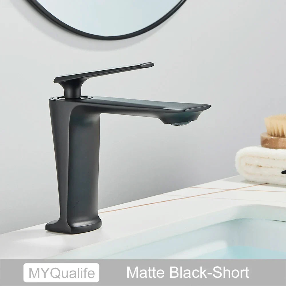 DecorBites™ Black Brass Bathroom Sink Faucet, Hot Cold Water Mixer, Single Handle Deck Mount