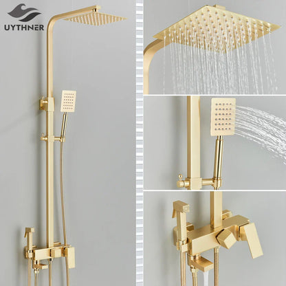 DecorBites™ Gold Wall Mounted Bathroom Shower System Kit with 4-way Mixer