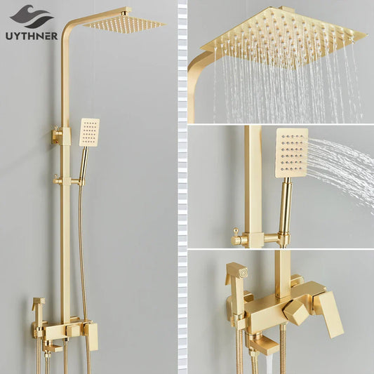 DecorBites™ Gold Wall Mounted Bathroom Shower System Kit with 4-way Mixer
