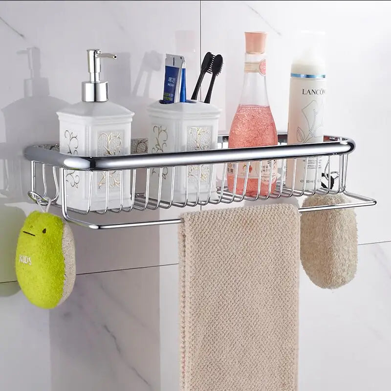 Estante de baño de latón dorado Decorbites™ con perchero para toallas, soporte para champú y canasta