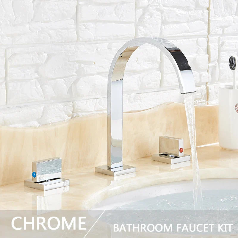 DecorBites™ Golden Brass Dual Handle Basin Faucet Set - Deck Mounted Hot Cold Mixer