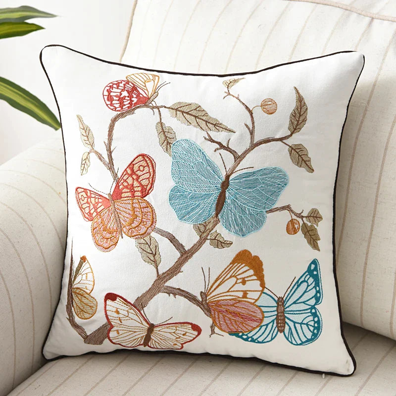DecorBites™ Butterfly Floral Cotton Embroidered Pillow Cover 45x45cm Home Decor Square