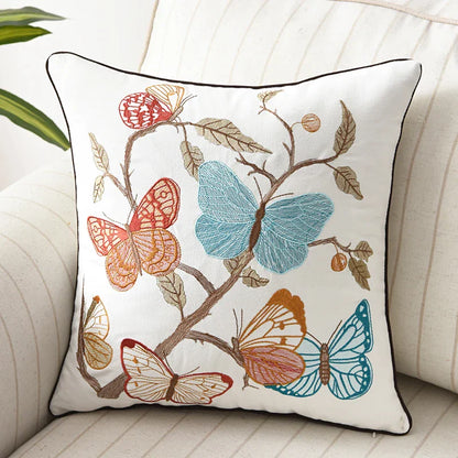 DecorBites™ Butterfly Floral Cotton Embroidered Pillow Cover 45x45cm Home Decor Square