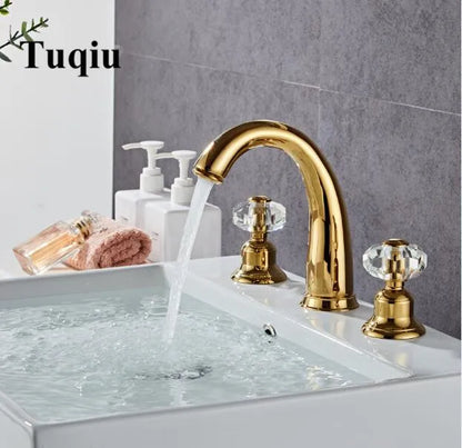 DecorBites™ Crystal Handle Gold Basin Faucet, Widespread Sink Tap, Hot/Cold Mixer