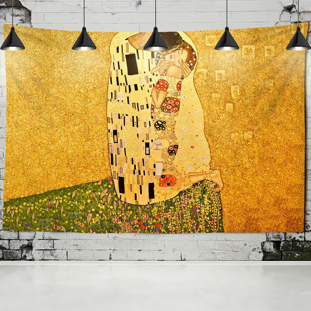 Decorbites™ Tapiz de Pintura al Óleo de Beso Dorado Colgante de Pared Arte Manta en Blanco
