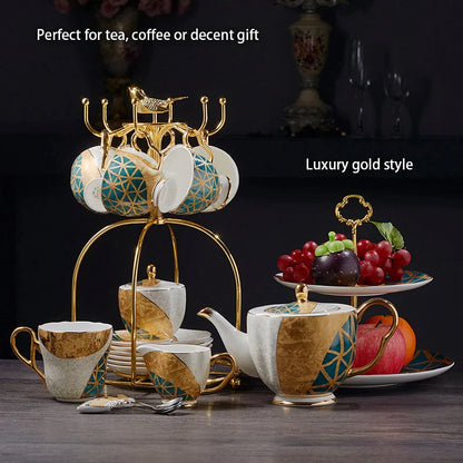 DecorBites™ Luxe Gold Inlay Bone China Coffee Set: Teapot, Cup, Sugar Bowl, Creamer, Mug