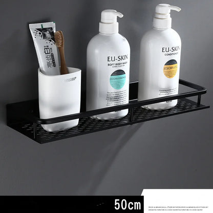 DecorBites™ Black Aluminum Bathroom Shelf with Towel Bar Wall Mounted - Bath Shower Shampoo Holder