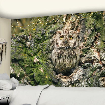 Decobites Owl On Tree 3D Tapestry - Abstract Mysterious Psychedelic Aesthetic Room Decor