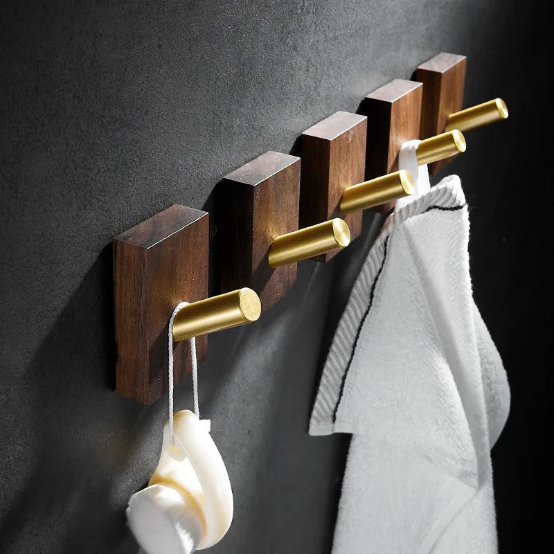 DecorBites™ Brass Brushed Gold Wall Hook for Bathroom and Kitchen with Wood Accent