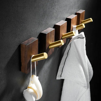 DecorBites™ Brass Brushed Gold Wall Hook for Bathroom and Kitchen with Wood Accent