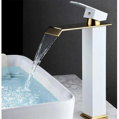 DecorBites™ Gold White Waterfall Brass Bathroom Basin Faucet Mixer Tap Hot Cold Sink