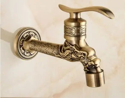 Grifos de jardín DecorBites™ de latón antiguo tallado con forma de dragón, monomando de agua fría para exteriores ★