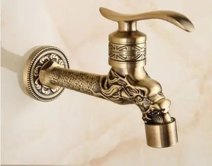 Grifos de jardín DecorBites™ de latón antiguo tallado con forma de dragón, monomando de agua fría para exteriores ★