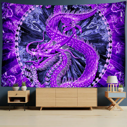 Violet Dragon Castle Totem Tapestry by Decobites: Cartoon Wall Hanging for Home Decor