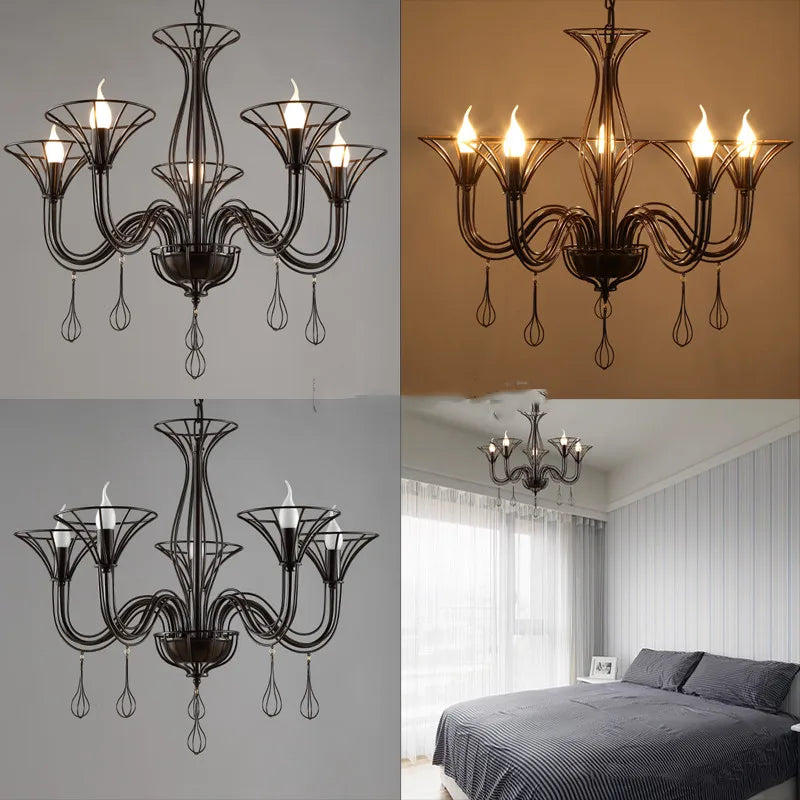 ثريا DecorBites™‎ من الحديد المطاوع باللون الأسود بإطار شمعة LED للردهة وغرفة المعيشة وغرفة الطعام