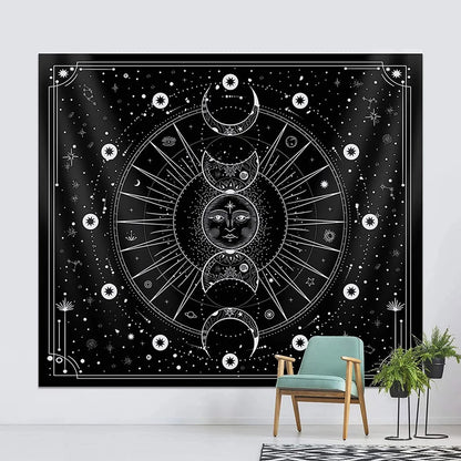 Decobites Moon Phase Tapestry: Stars Space Psychedelic Black & White Wall Hangings