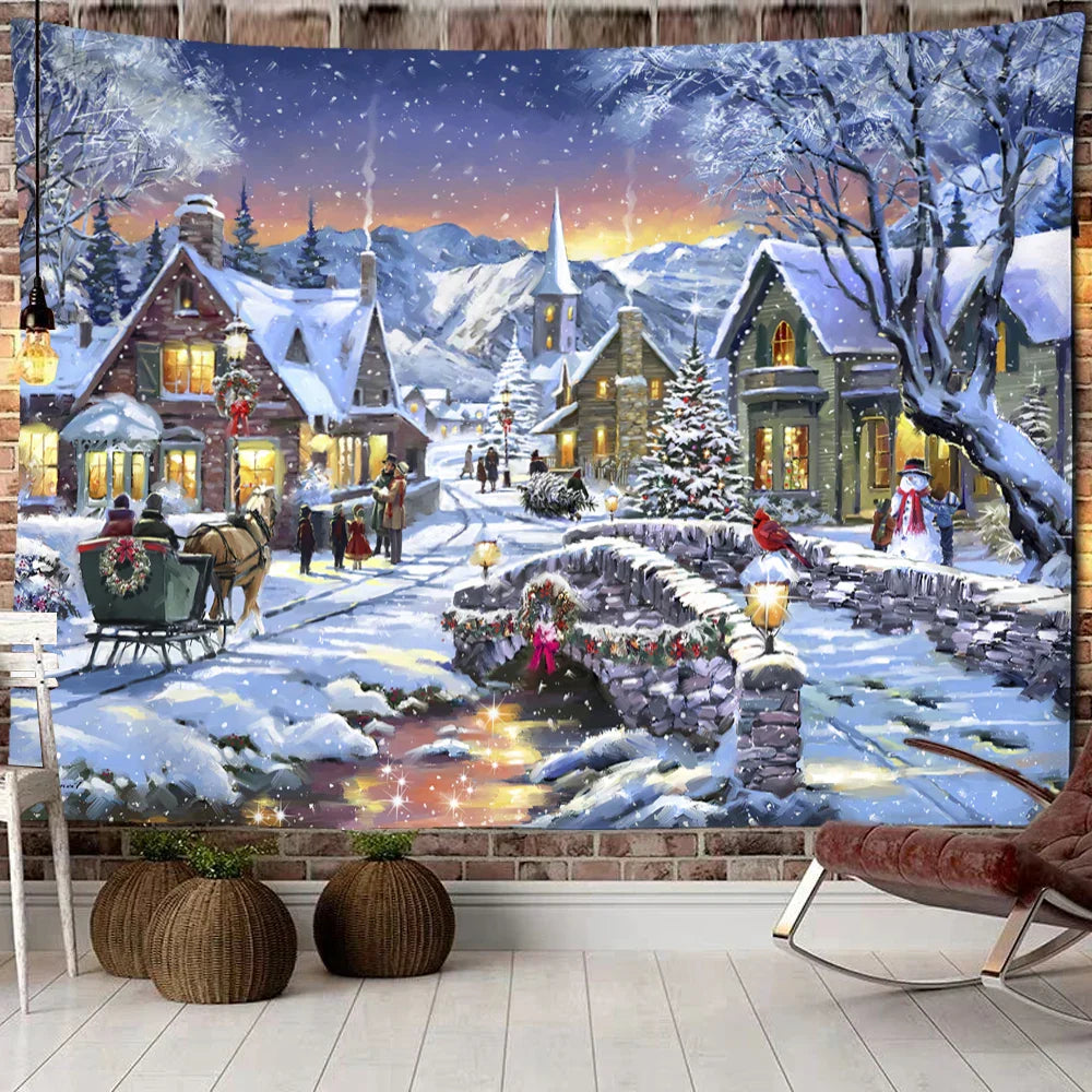 Decobites Christmas Woods Snow Scene Tapestry Wall Hanging - Elk Bohemian Style Bed Curtain Home Decor