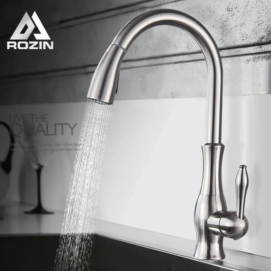 DecorBites™ Brushed Nickel Kitchen Faucet Pull Out Single Handle Mixer Tap