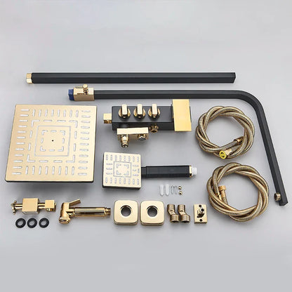 مجموعة حنفية دش DecorBites™ باللون الأسود الذهبي مع وظيفة بيديه، وخلاط مياه الأمطار مثبت على الحائط