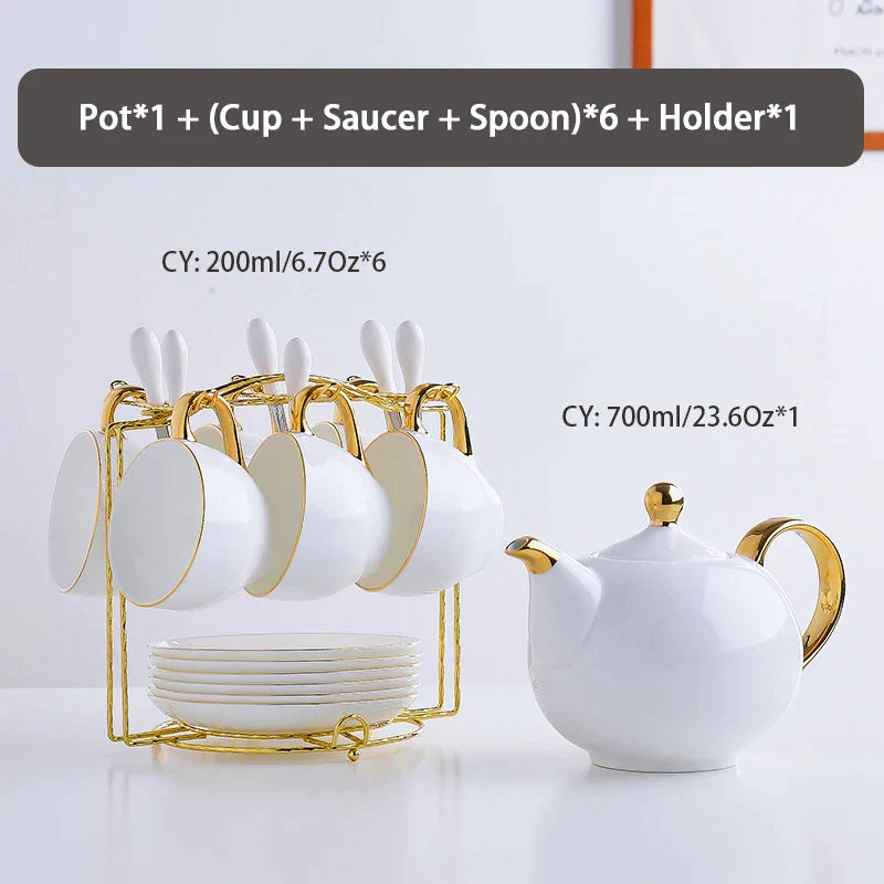 DecorBites™ Elegant Bone China Tea Set | Porcelain Teacup & Teapot Set White Gold