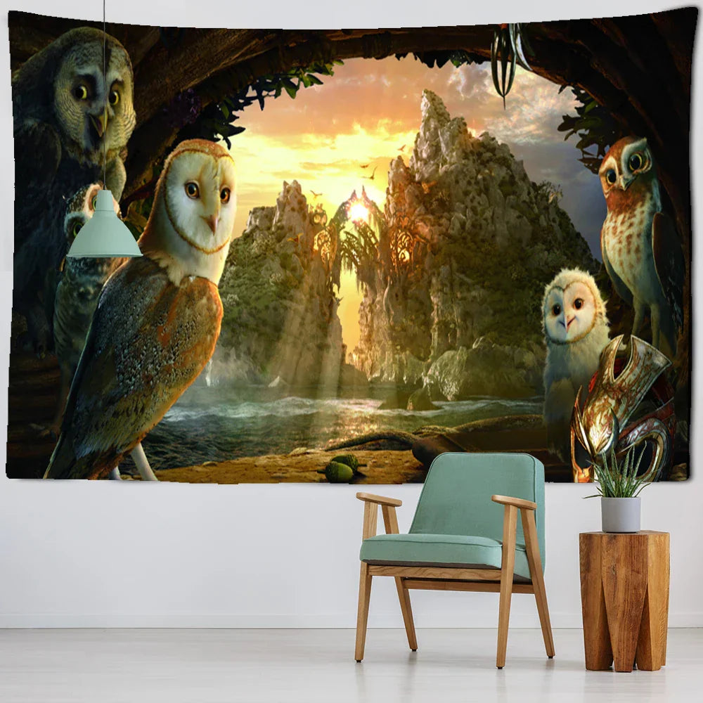 Decobites Owl On Tree 3D Tapestry - Abstract Mysterious Psychedelic Aesthetic Room Decor