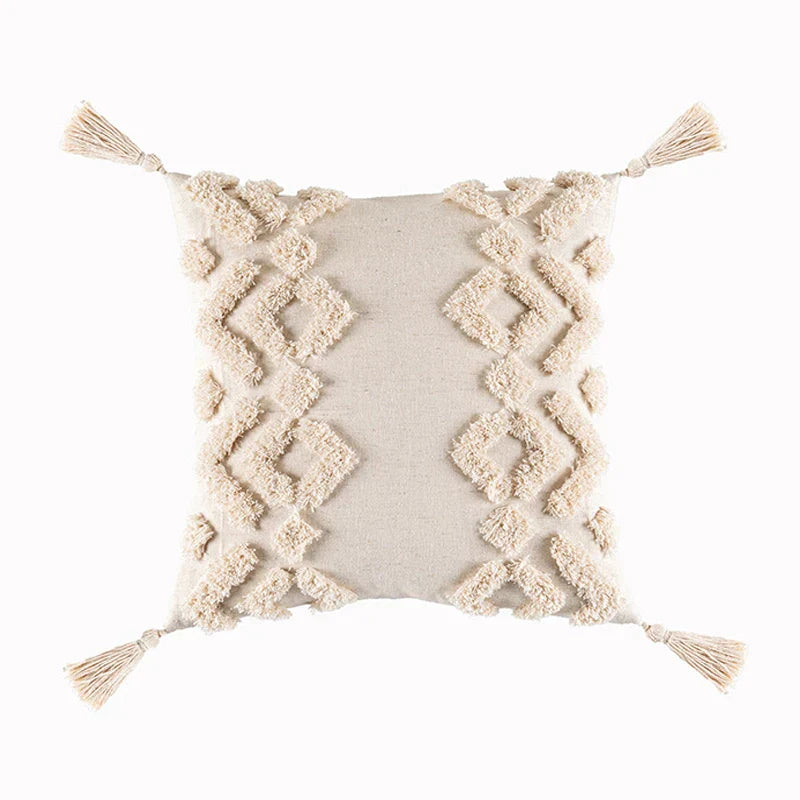 Funda de cojín DecorBites™ con borlas color beige, decoración cuadrada hecha a mano para el hogar, ideal para la sala de estar.