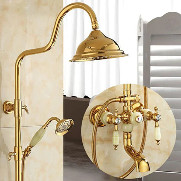 DecorBites™ Gold Brass Jade Bath Shower Set Wall Mounted Rainfall Hand Shower Faucet
