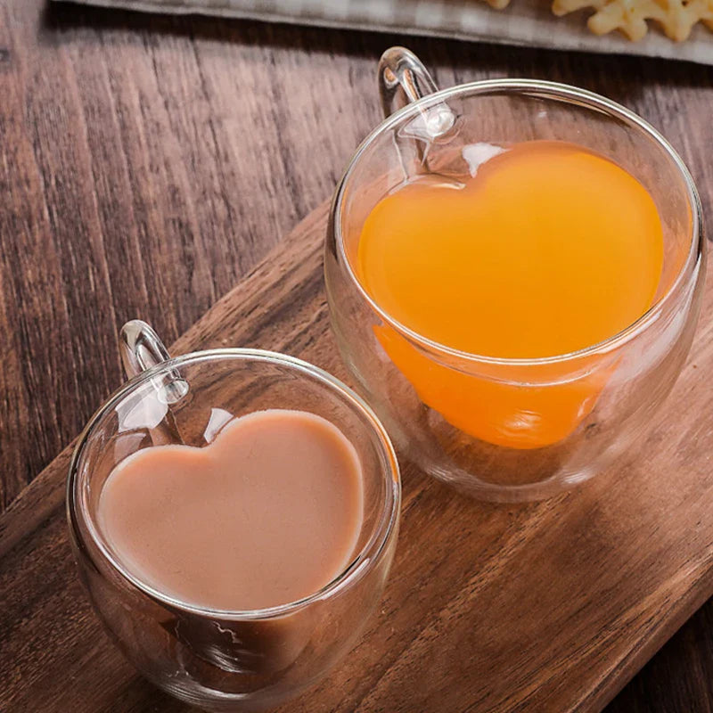 Taza Doble de Vidrio en Forma de Corazón Decorbites™ | Tazas Románticas para Parejas para Té, Café