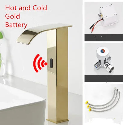 DecorBites™ Gold Sensor Waterfall Basin Faucet Automatic Touchless Hot Cold Mixer Bathroom