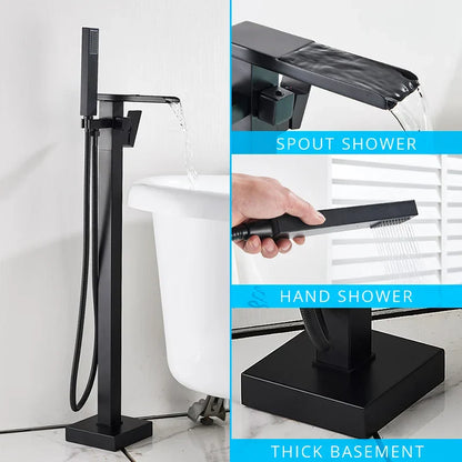 Juego de grifería para bañera DecorBites™ de montaje en suelo, color negro, con mezclador tipo cascada