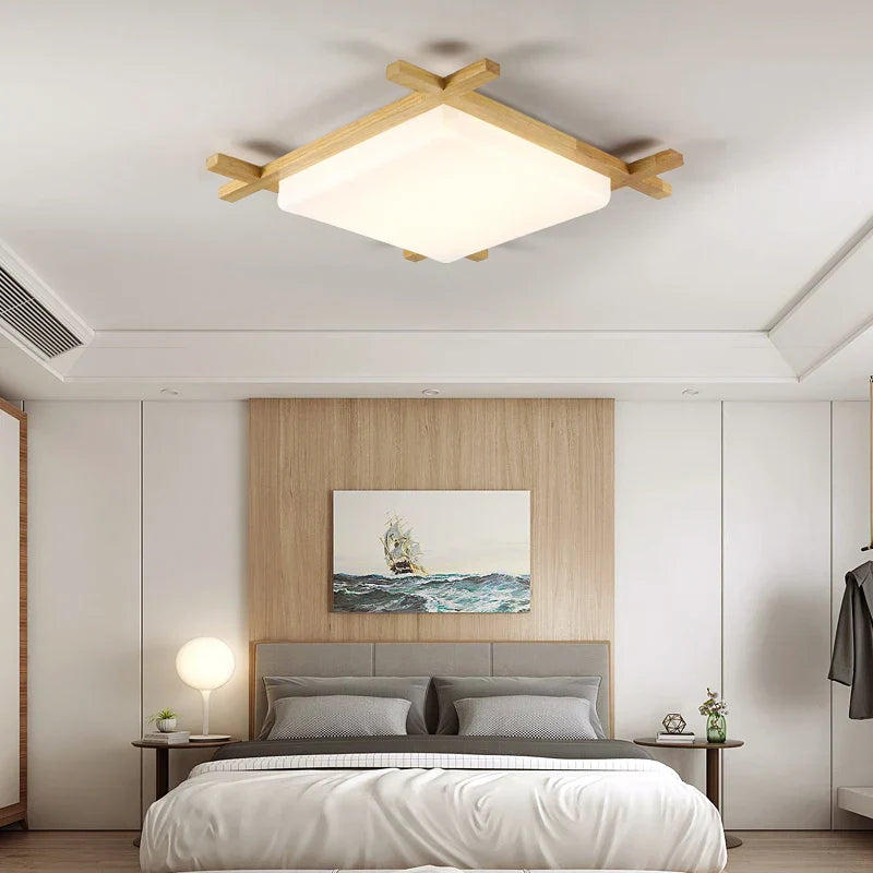 DecorBites™ Japanese Wood Ceiling Light Tatami Lamp Flush Mount Living Room Bedroom Square