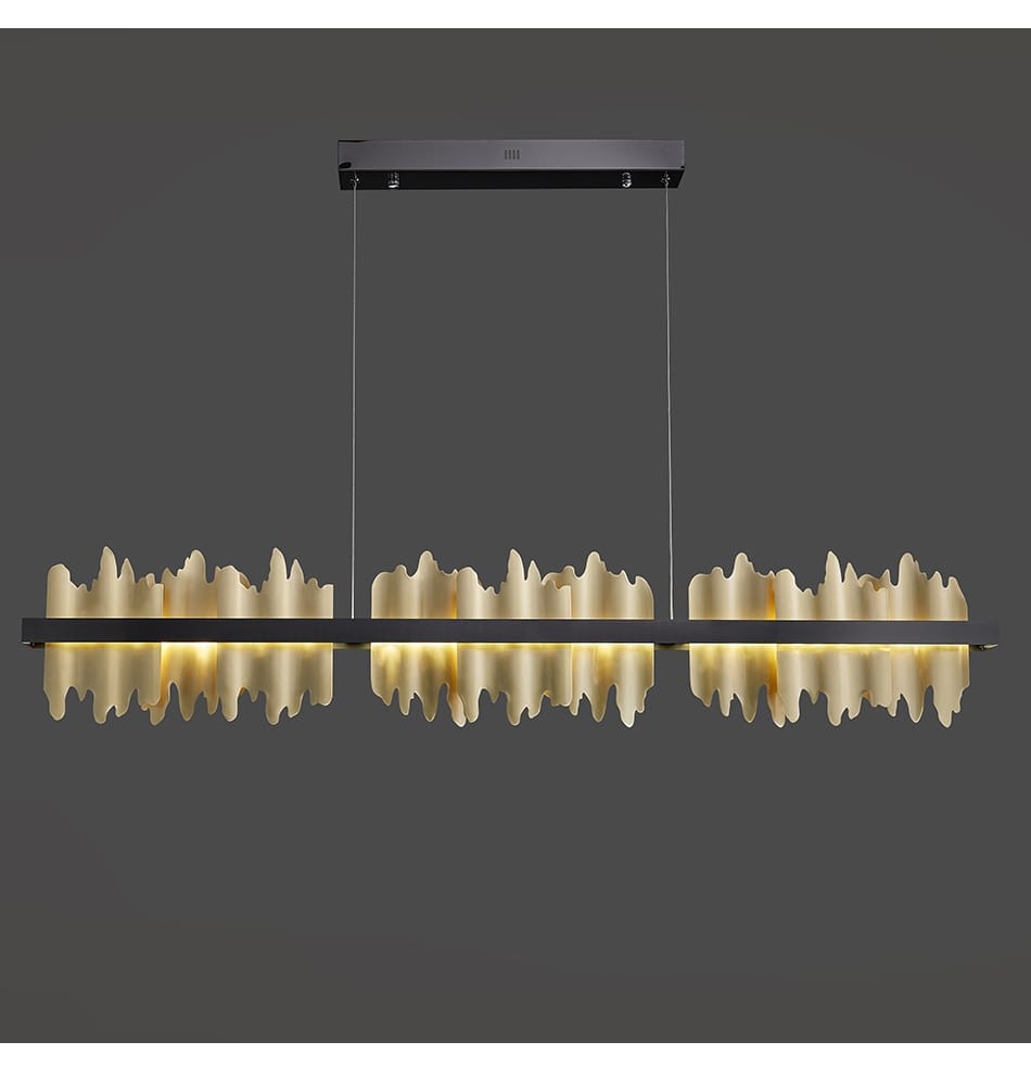 Modern gold and black iceberg led chandelier lighting features a gold-toned led chandelier with a sleek black frame and wave-like sculptural elements ideal for dining room illumination.
