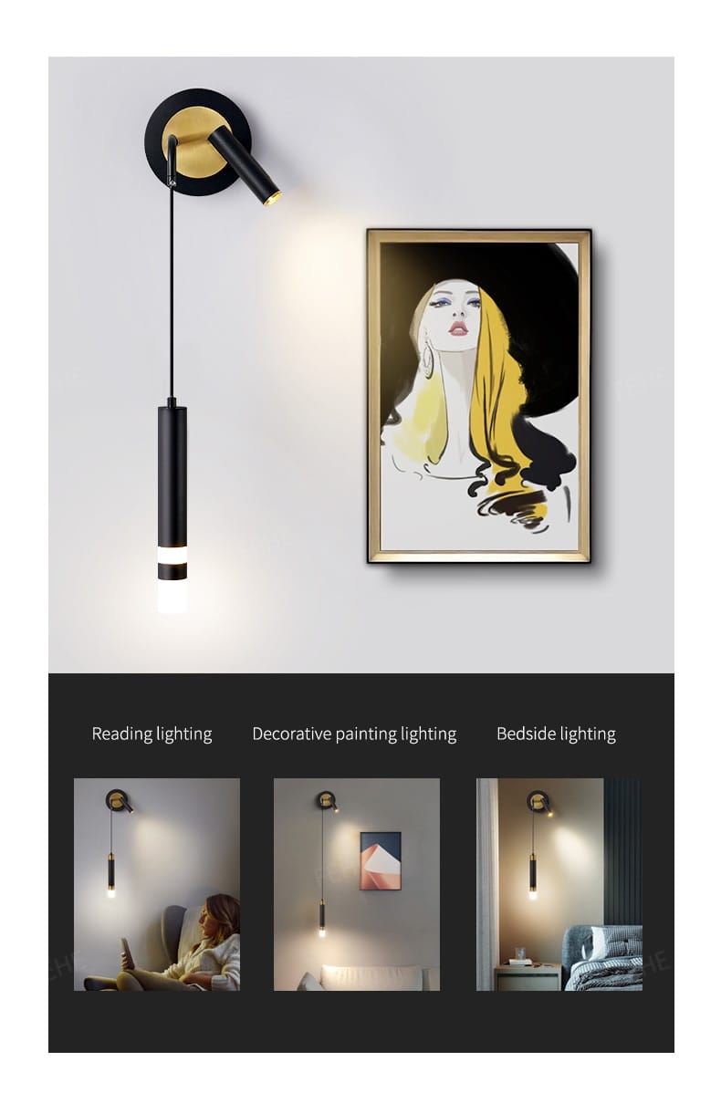 Minimalist creative luxury black cylindrical pendant wall lamp with a gold-toned circular base and adjustable arm for a luxury bedroom bedside.