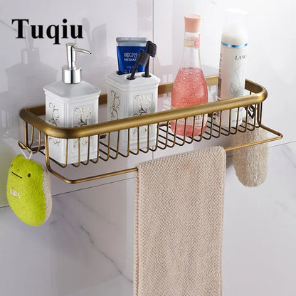 DecorBites™ Gold Brass Bathroom Shelf with Towel Hanger, Shampoo Holder, and Basket