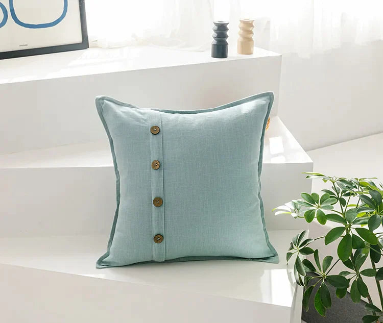 DecorBites™ Cotton Linen Cushion Cover 45x45cm in Pink Blue Green Beige with Coconut Buttons for Home Décor