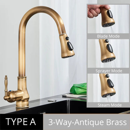 صنبور مطبخ من النحاس العتيق DecorBites™، صنبور خلاط بمقبض واحد قابل للسحب، يدور 360 درجة