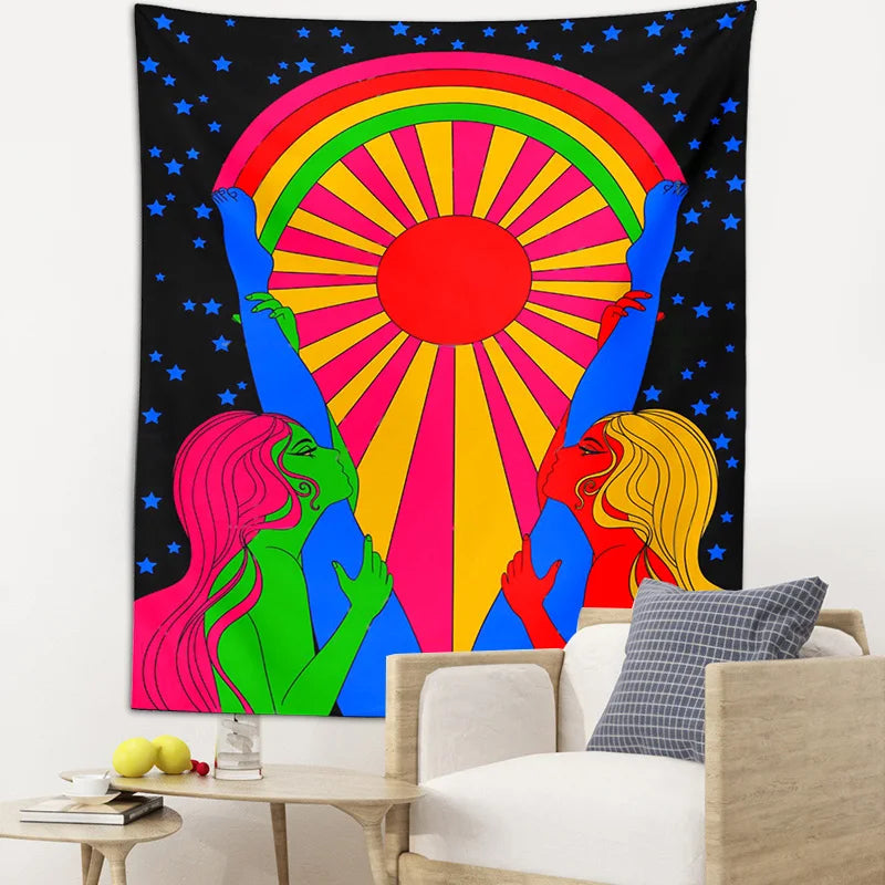 Decobites Retro Rainbow Sun Tapestry: Boho Aesthetic Wall Art for Home Decor