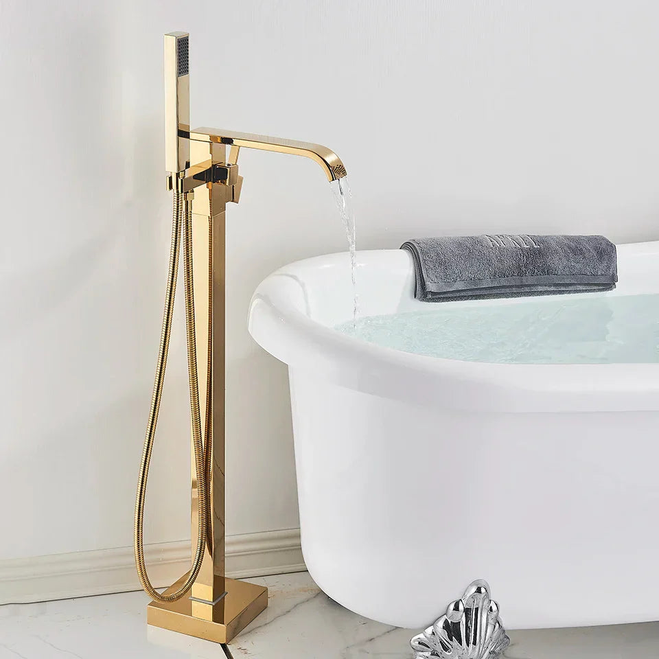 Juego de Grifos para Bañera de Oro Decorbites™ Mezclador de Ducha de Agua Caliente y Fría Grifo de Cascada Soporte de Suelo