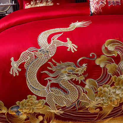 Decobites Red Chinese Wedding Style Bedding Set with Gold Loong Phoenix Embroidery