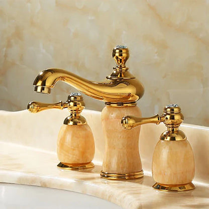 DecorBites™ Gold Brass Jade 3 Hole Widespread Basin Faucet with Double Handle
