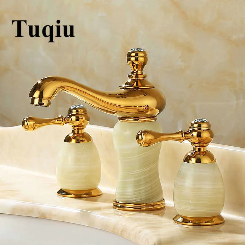 DecorBites™ Gold Brass Jade 3 Hole Widespread Basin Faucet with Double Handle