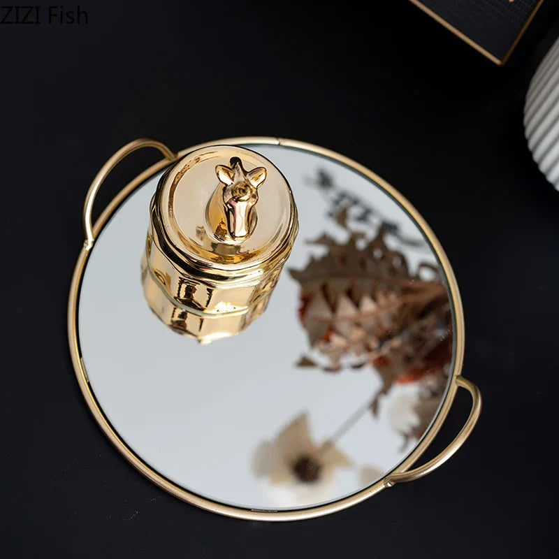 DecorBites™ Brass Handle Storage Tray Mirror | Elegant Glass Tray for Home Decor & Gourmet Display