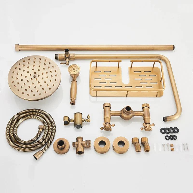 DecorBites™ Brass Antique Dual Handle Shower Faucet Set with Handshower Shelf
