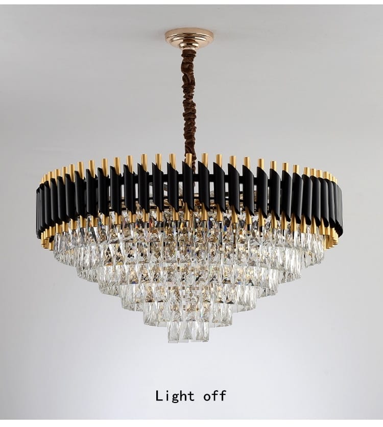 luxury k9 crystal tiered chandelier in black and gold with cascading crystal tiers designed as a dining room light featuring nebra luxury crystal chandeliers craftsmanship