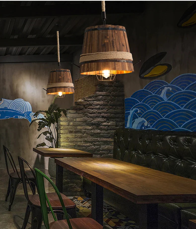 DecorBites™ Barrel Industrial Chandelier for Dining Room Cafe Restaurant, Adjustable Wood Light Fixture